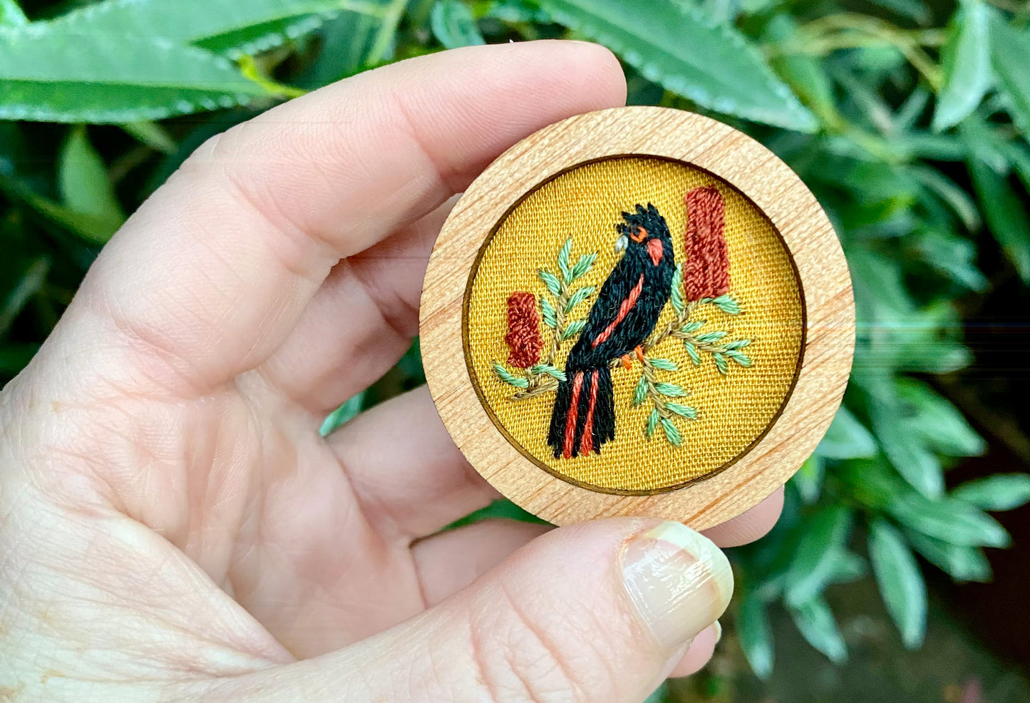 Hand Embroidered Brooch Pendant - Red Tailed Black Cockatoo