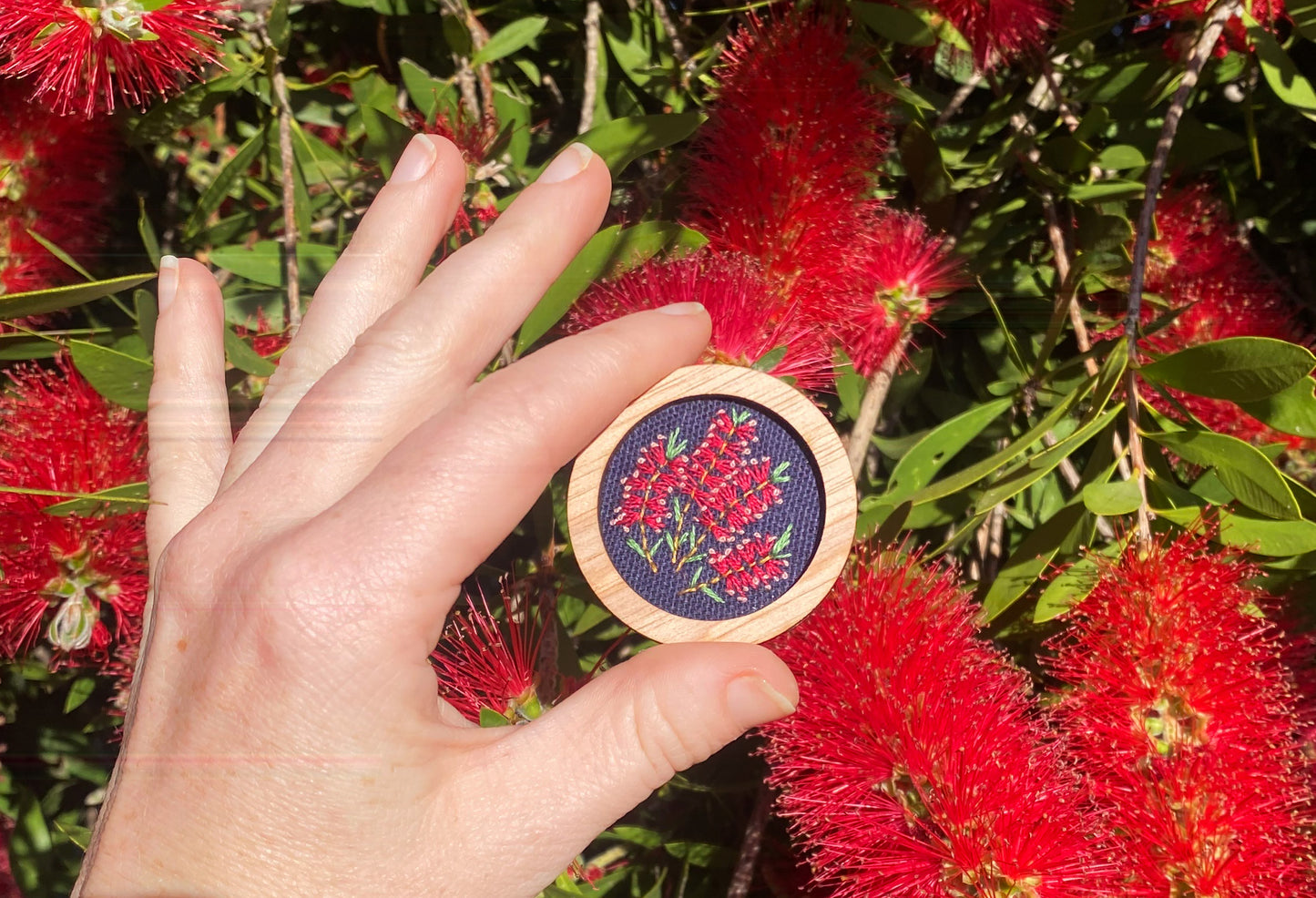 Hand Embroidered Brooch Pendant - Bottle Brush