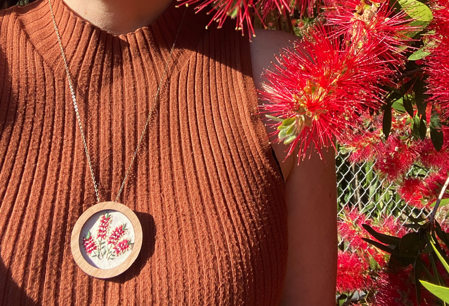 Hand Embroidered Brooch Pendant - Bottle Brush