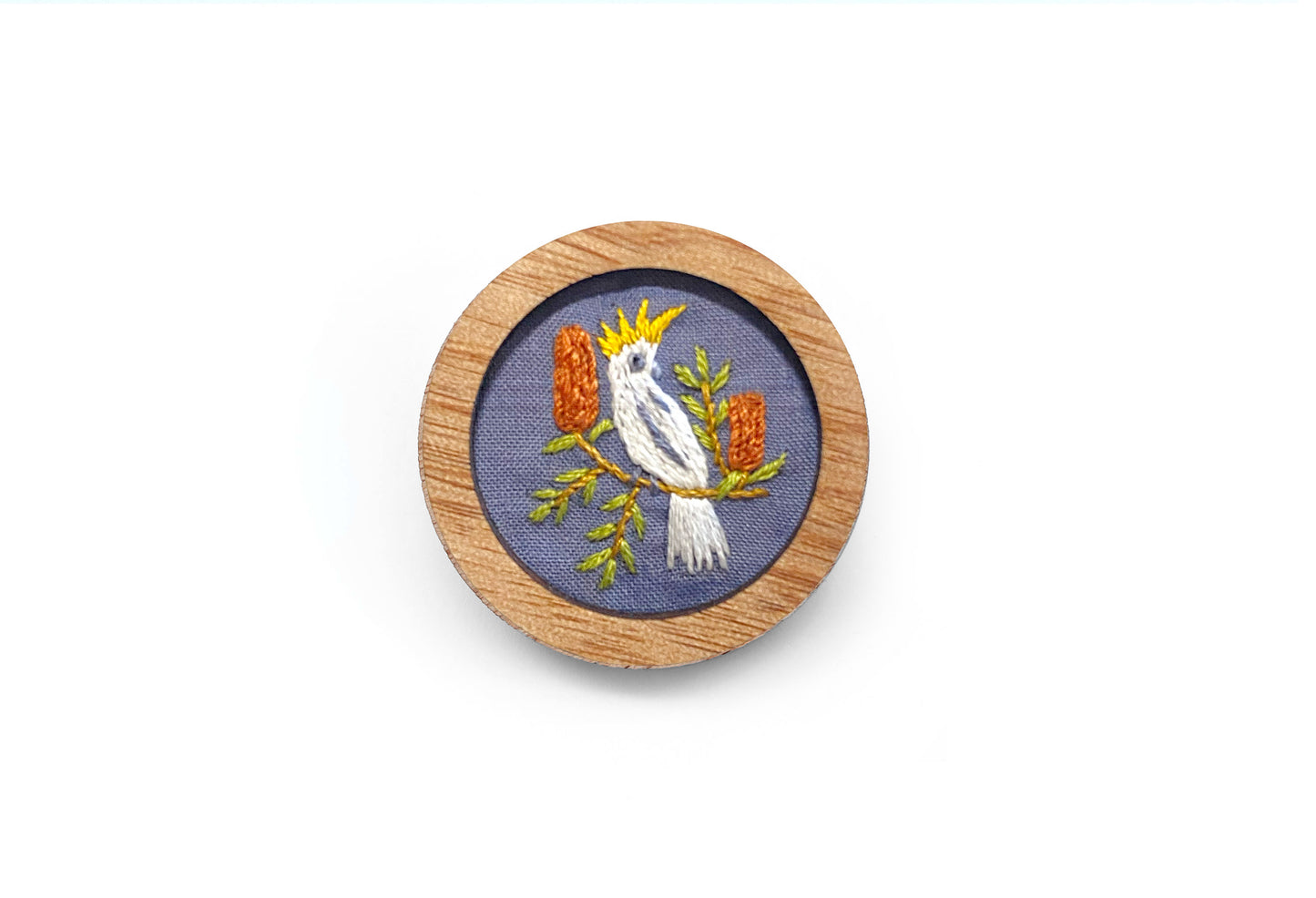 Hand Embroidered Brooch Pendant - Cockatoo