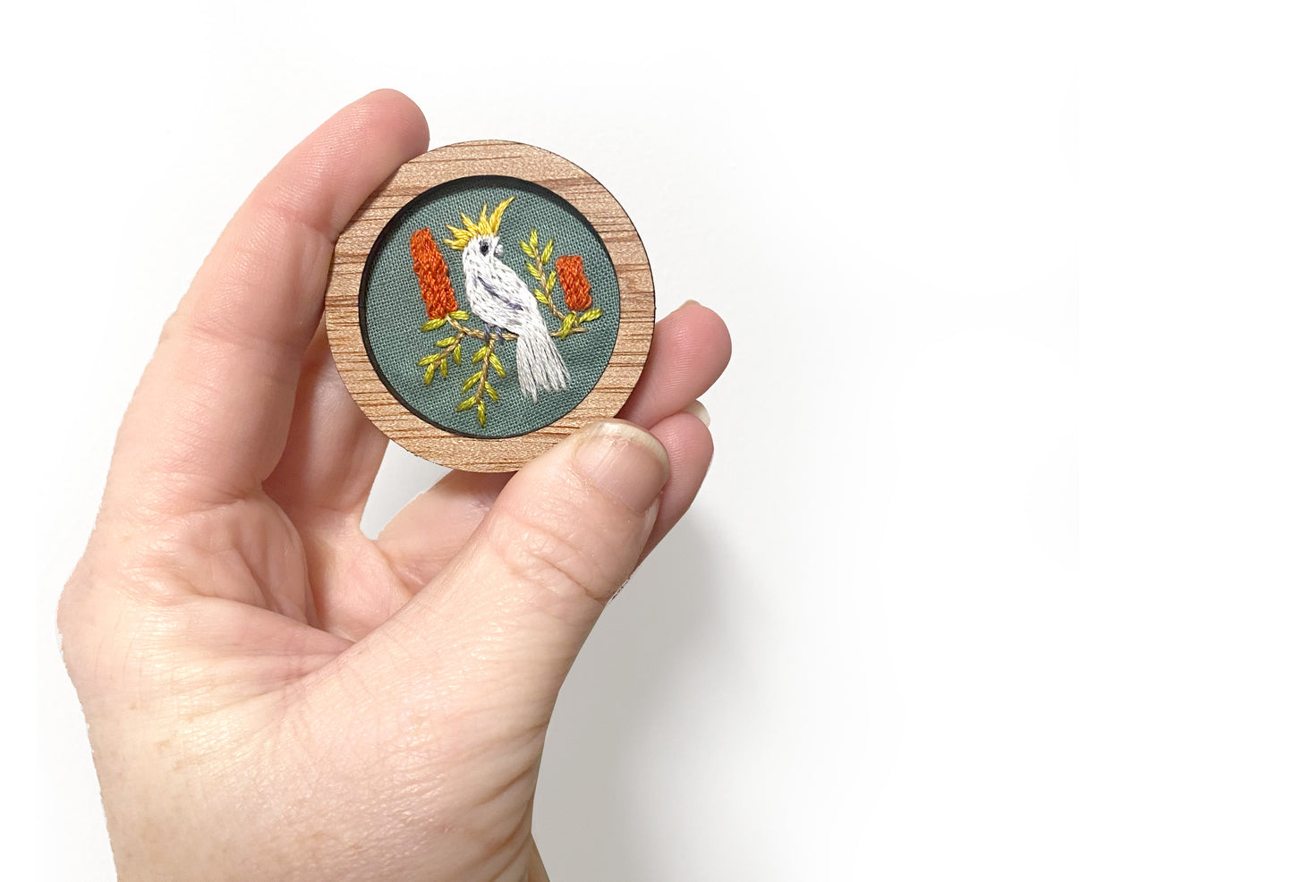 Hand Embroidered Brooch Pendant - Cockatoo