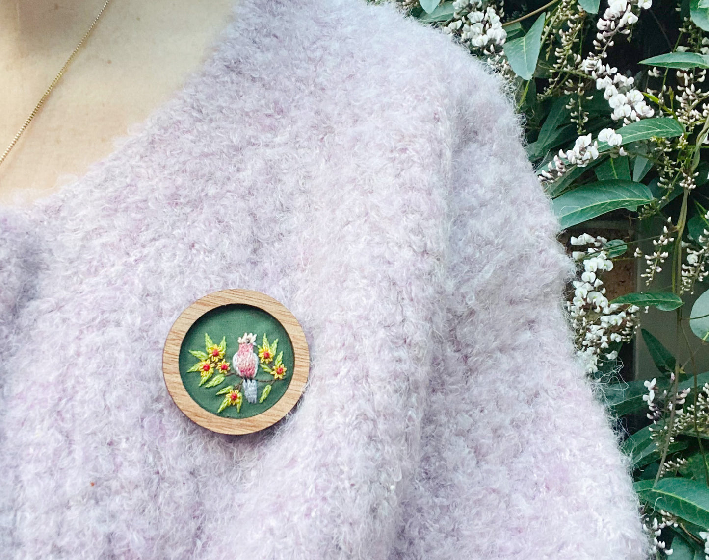 Hand Embroidered Brooch Pendant - Galah