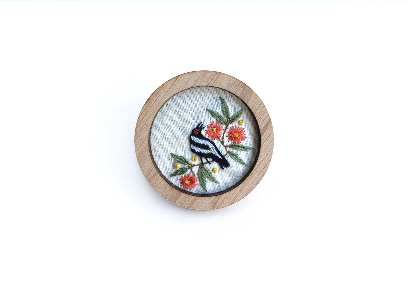 Hand Embroidered Brooch Pendant - Magpie