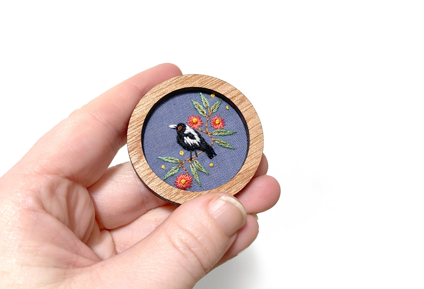 Hand Embroidered Brooch Pendant - Magpie