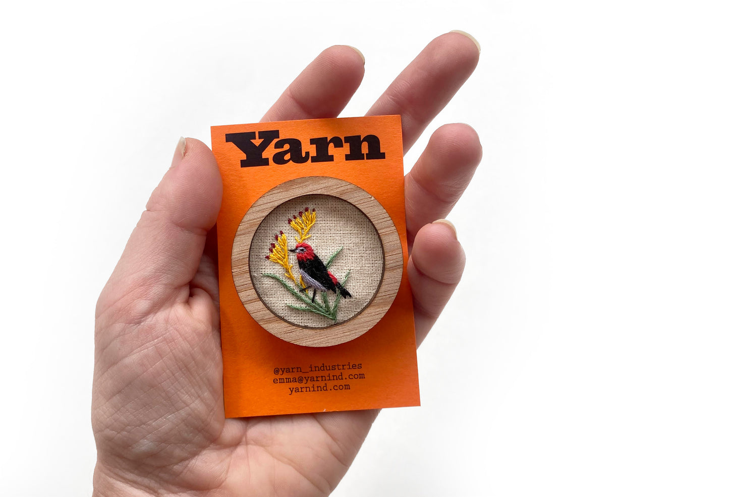 Hand Embroidered Brooch Pendant - Scarlet Honeyeater On Kangaroo Paw