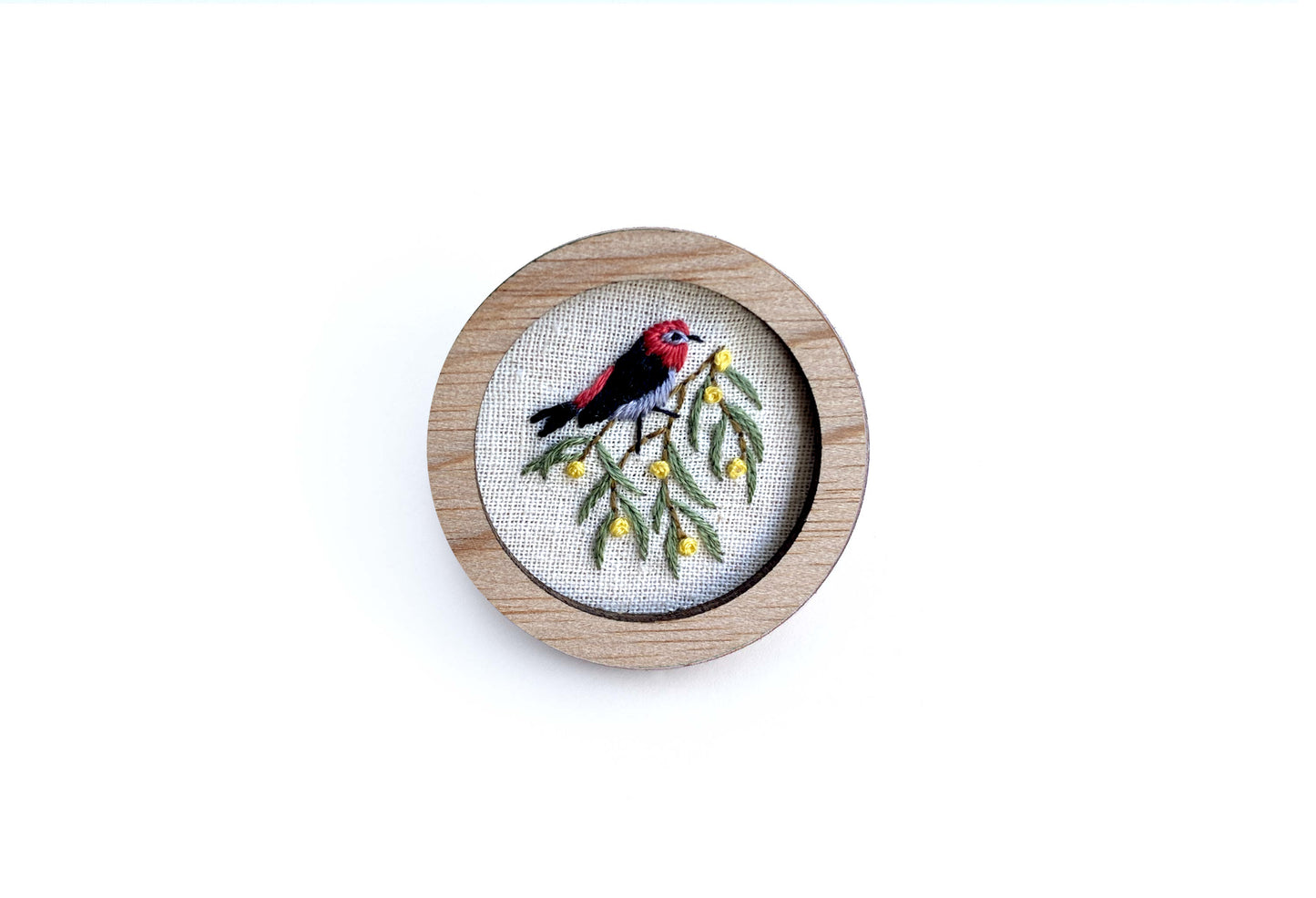 Hand Embroidered Brooch Pendant - Scarlet Honeyeater On Wattle