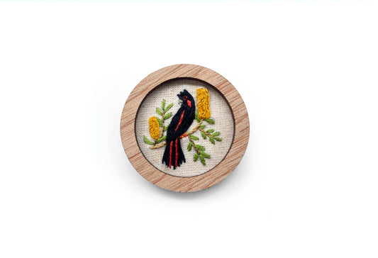 Hand Embroidered Brooch Pendant - Red Tailed Black Cockatoo