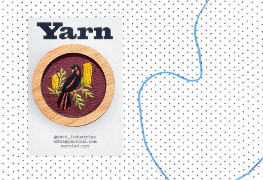 Hand Embroidered Brooch Pendant - Red Tailed Black Cockatoo