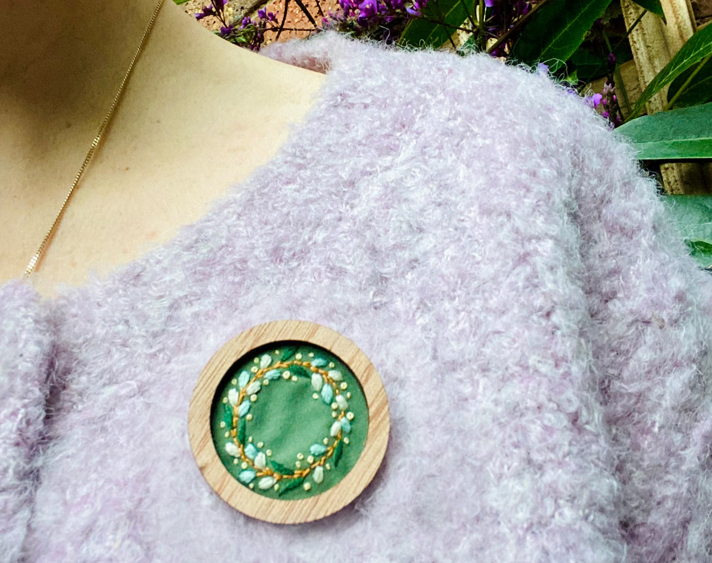 Hand Embroidered Brooch Pendant - Eucalyptus