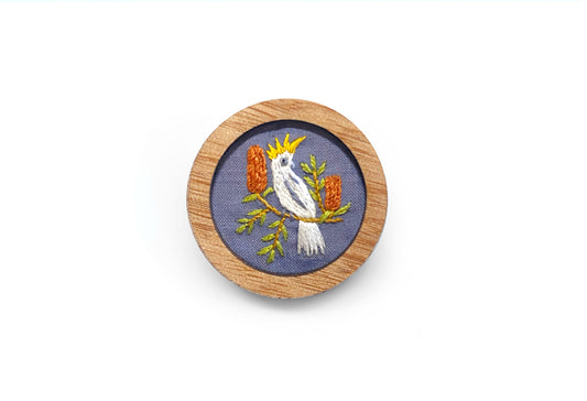 Hand Embroidered Brooch Pendant - Cockatoo