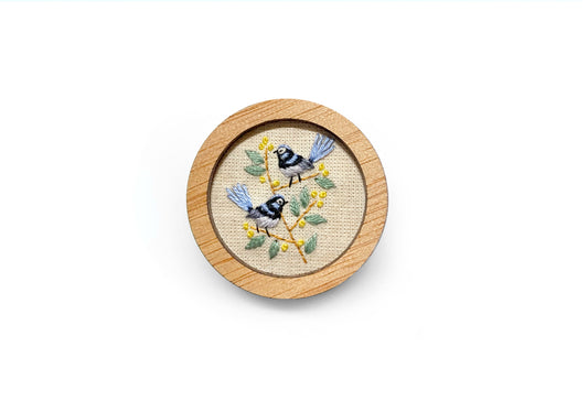 Hand Embroidered Brooch Pendant - Fairy Wrens