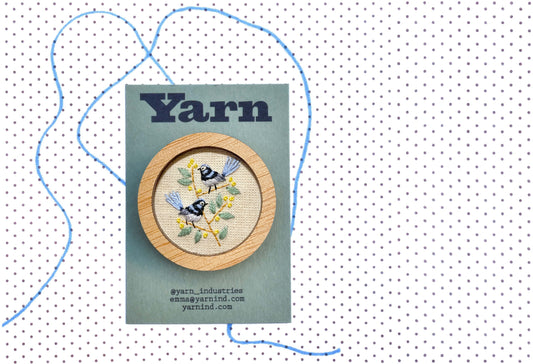 Hand Embroidered Brooch Pendant - Fairy Wrens