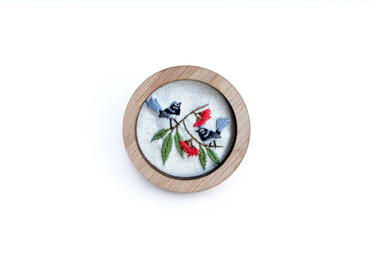 Hand Embroidered Brooch Pendant - Fairy Wrens On Gum Leaves