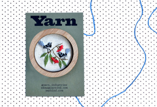 Hand Embroidered Brooch Pendant - Fairy Wrens On Gum Leaves