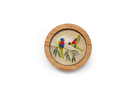 Hand Embroidered Brooch Pendant - Flying Lorikeets