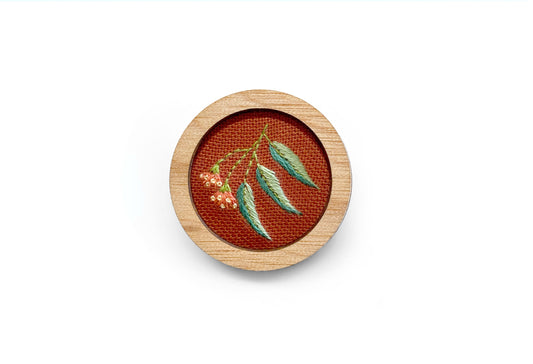 Hand Embroidered Brooch Pendant - Gum Leaf
