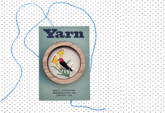 Hand Embroidered Brooch Pendant - Scarlet Honeyeater On Kangaroo Paw