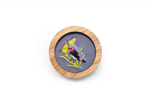 Hand Embroidered Brooch Pendant - Scarlet Honeyeater On Kangaroo Paw