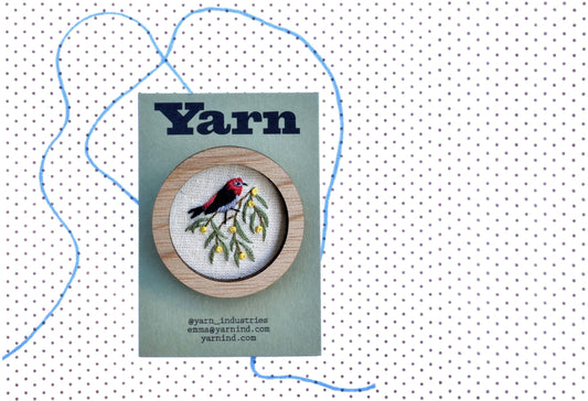 Hand Embroidered Brooch Pendant - Scarlet Honeyeater On Wattle