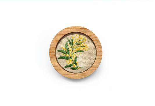 Hand Embroidered Brooch Pendant - Wattle