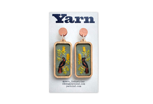 Hand Embroidered Earrings - Red Tailed Black Cockatoo