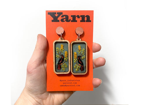 Hand Embroidered Earrings - Red Tailed Black Cockatoo