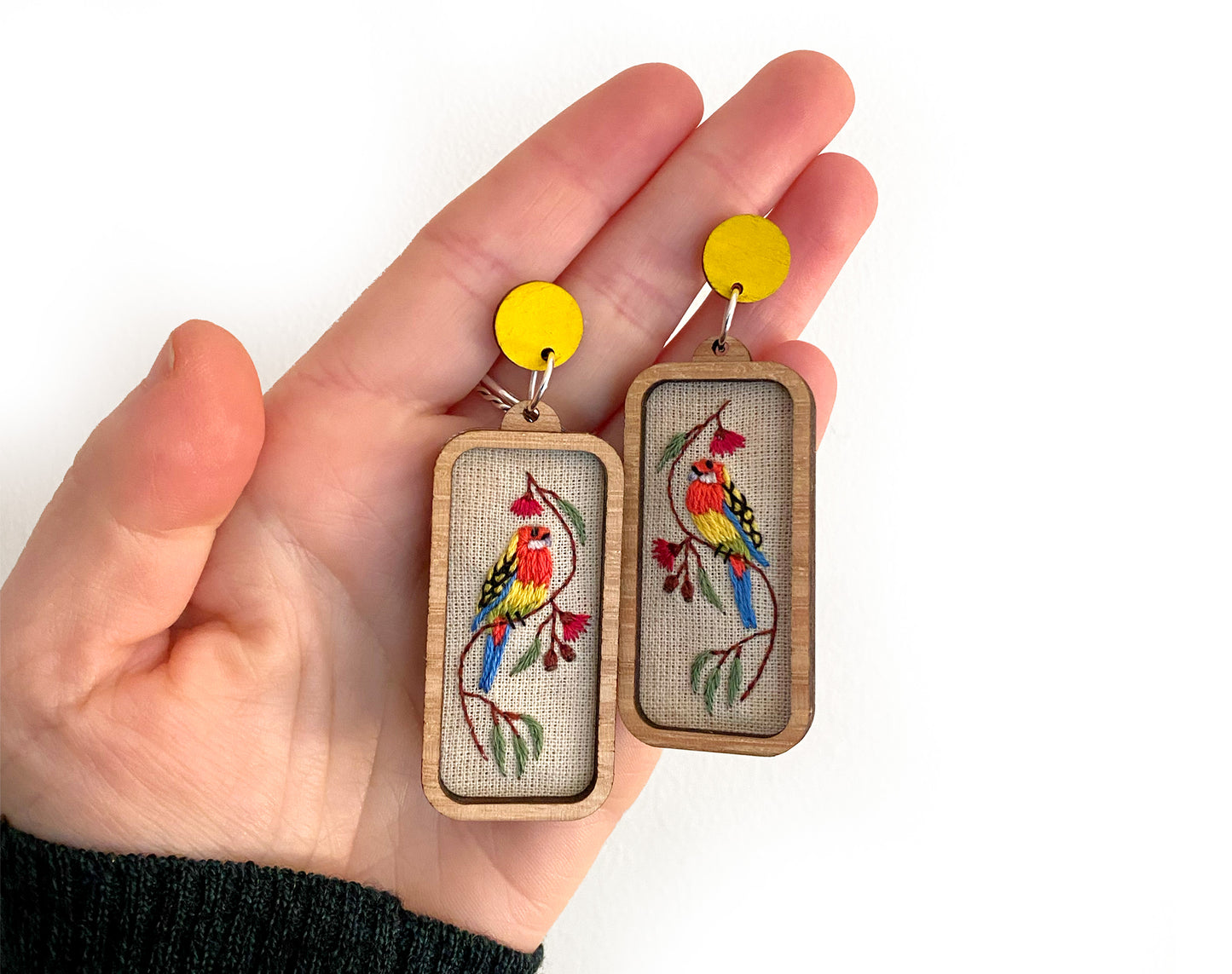 Hand Embroidered Earrings - Eastern Rosella