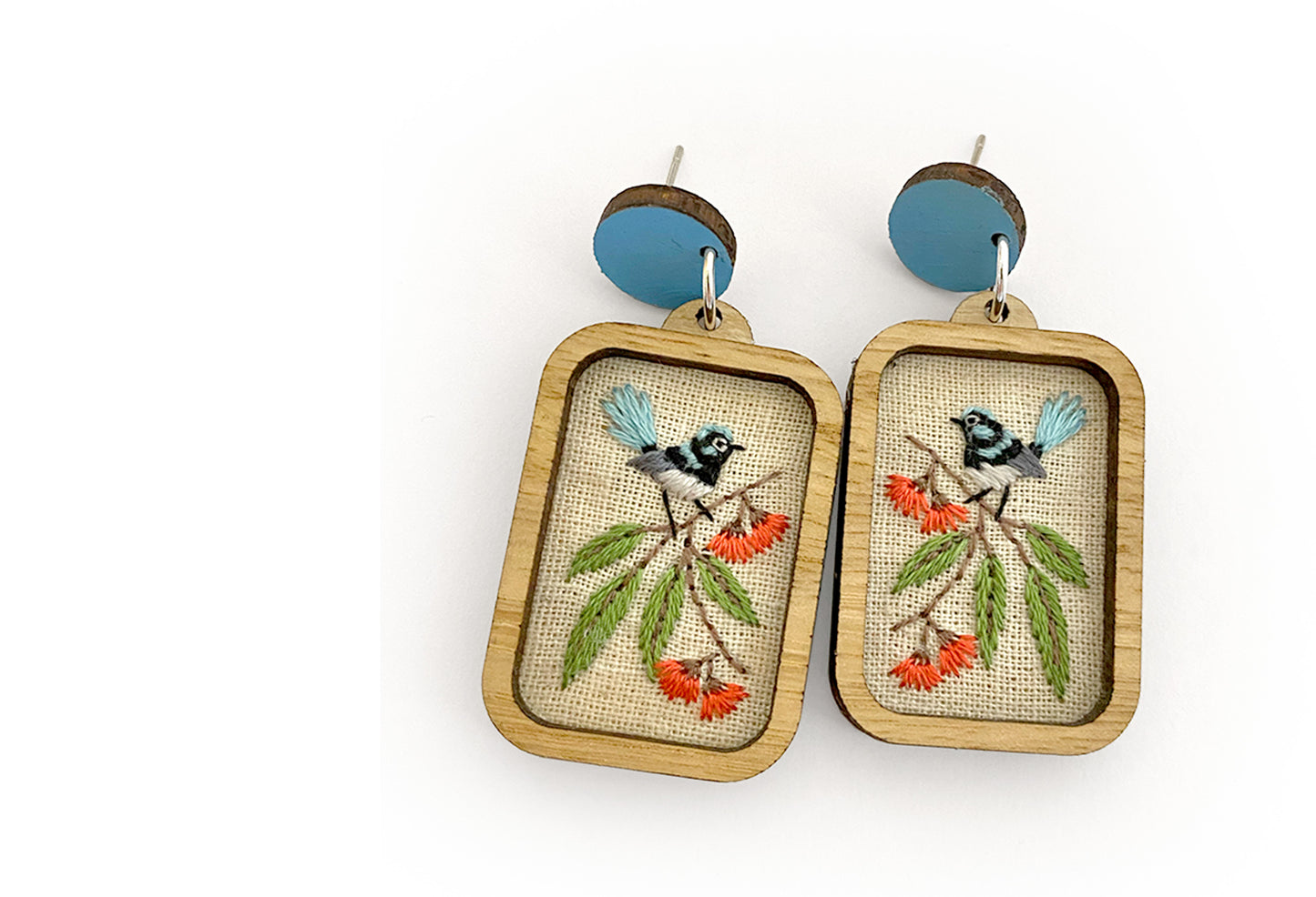 Hand Embroidered Earrings - Fairy Wren Small
