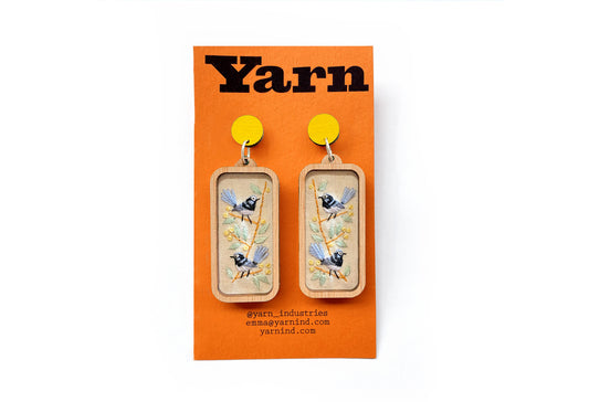 Hand Embroidered Earrings - Fairy Wren on Wattle