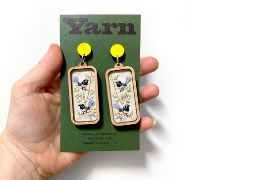 Hand Embroidered Earrings - Fairy Wren on Wattle
