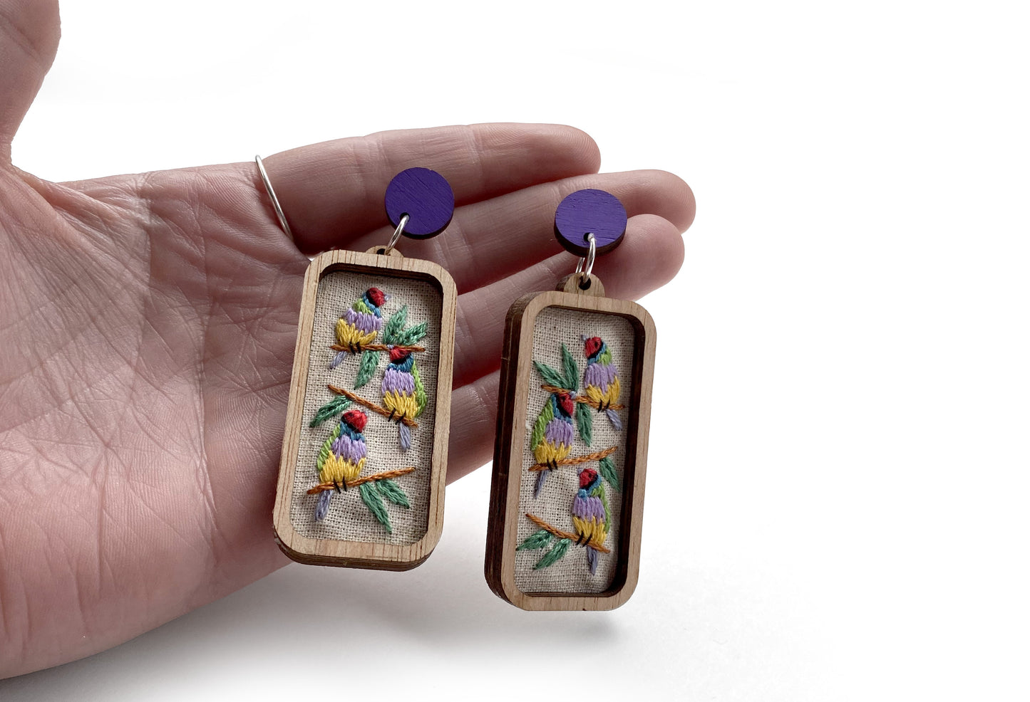 Hand Embroidered Earrings - Gouldian Finch