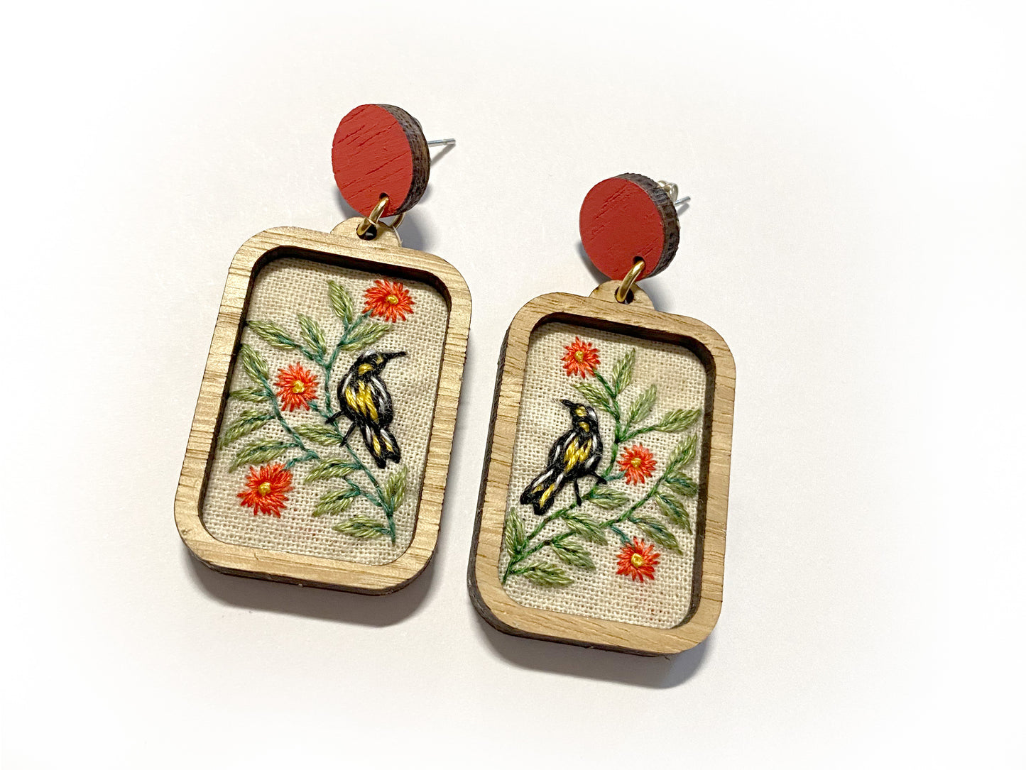 Hand Embroidered Earrings - Honeyeater Small