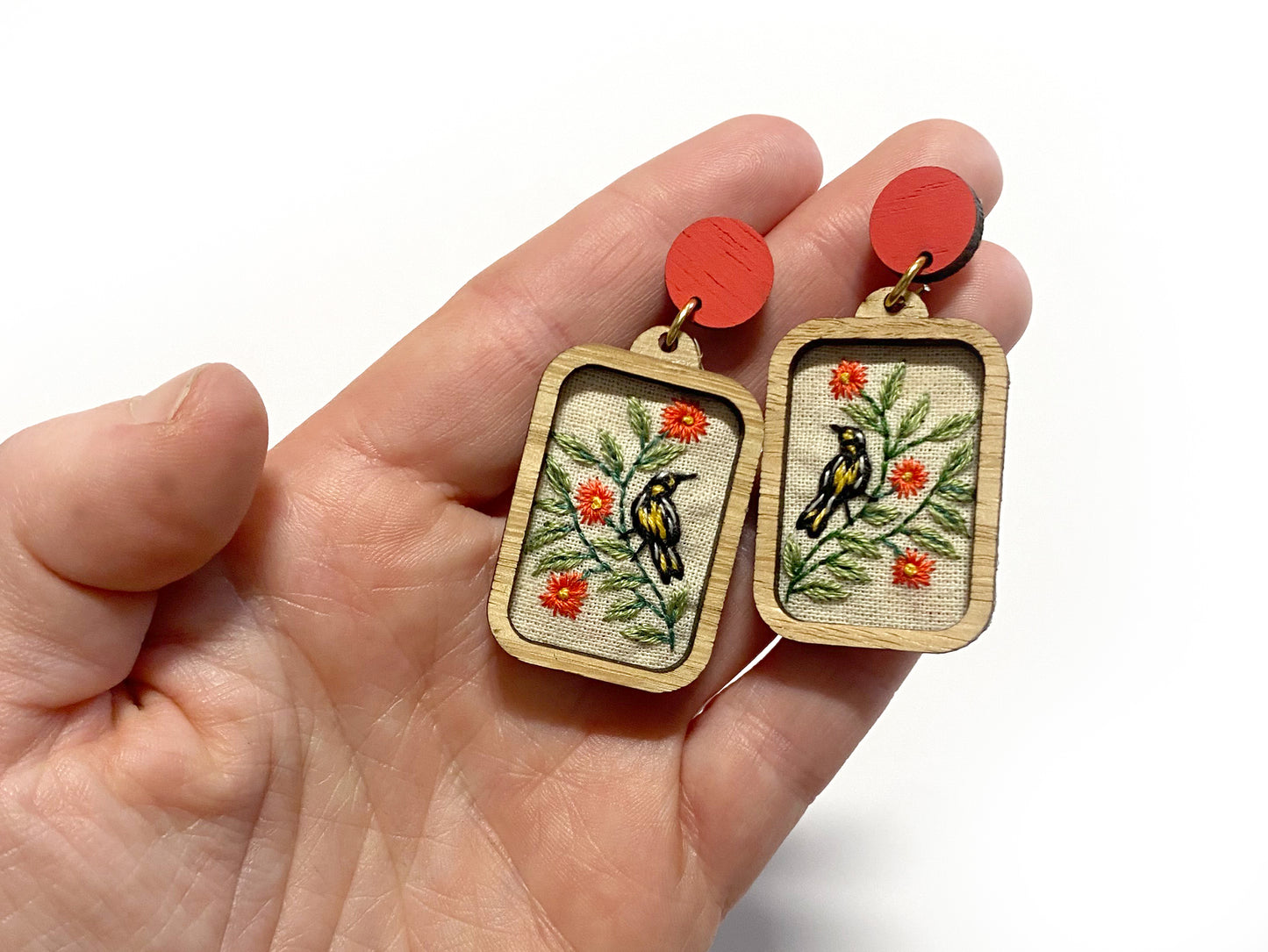 Hand Embroidered Earrings - Honeyeater Small
