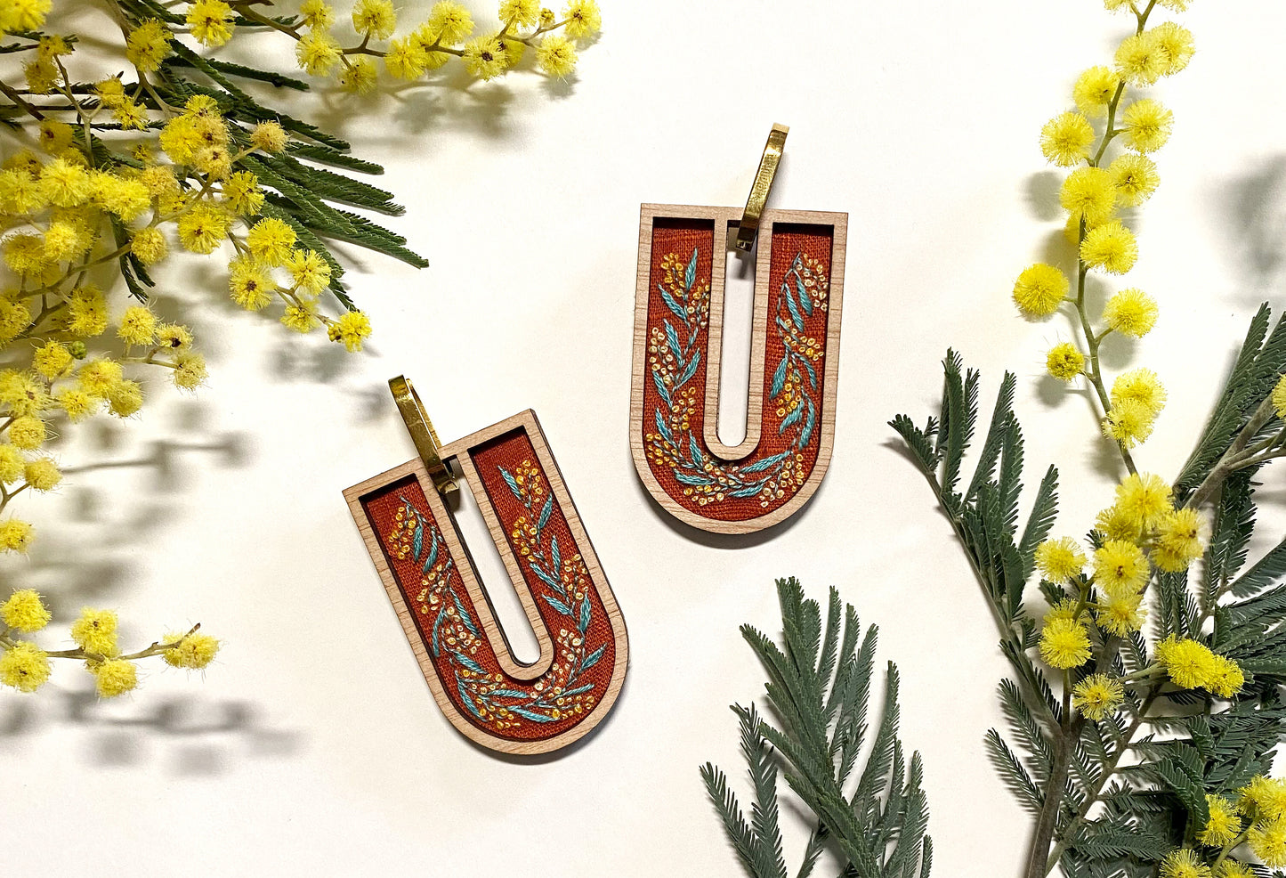 Hand Embroidered Earrings - Wattle
