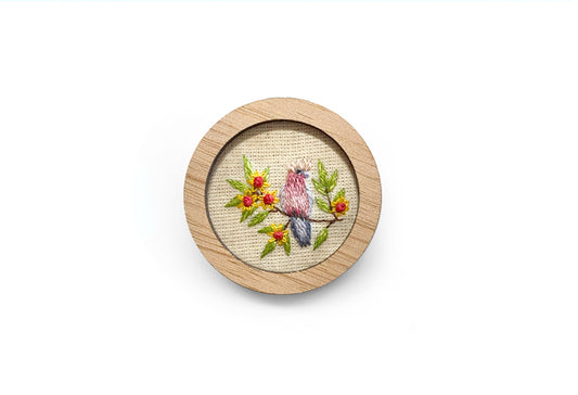 Hand Embroidered Brooch Pendant - Galah