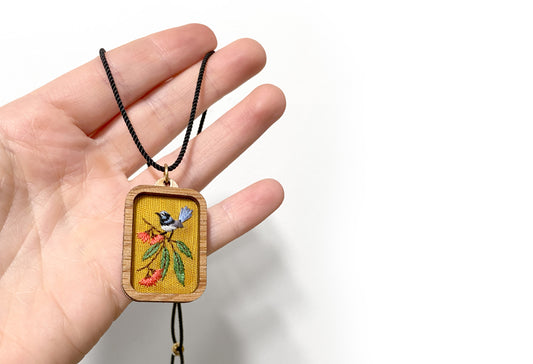 Hand Embroidered Necklace - Fairy Wren