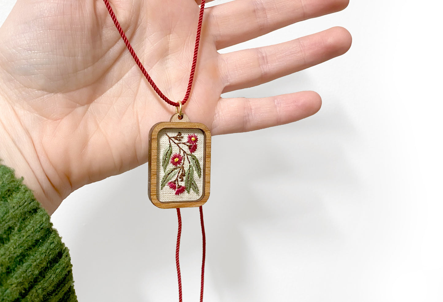 Hand Embroidered Necklace - Gum Leaf