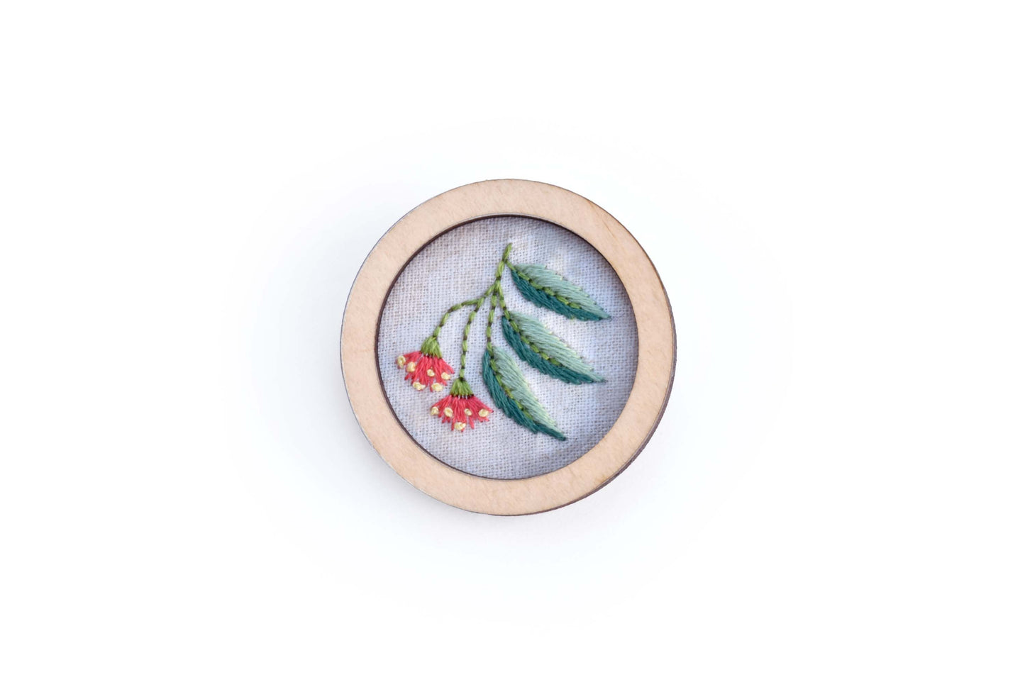 Hand Embroidered Brooch Pendant - Gum Leaf