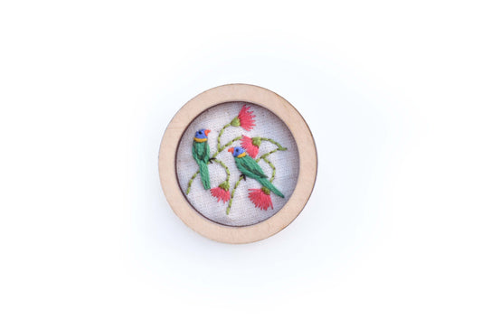 Hand Embroidered Brooch Pendant - Lorikeets